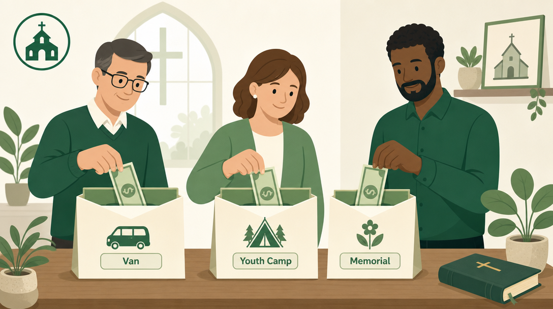 Church leaders setting money aside into labeled designated funds — a van fund, a youth camp fund, and a memorial fund.