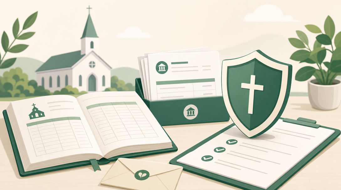 Safeguards that protect a church's money — a ledger, bank statements, and an offering envelope under a shield and a checklist, with a simple church in the background.