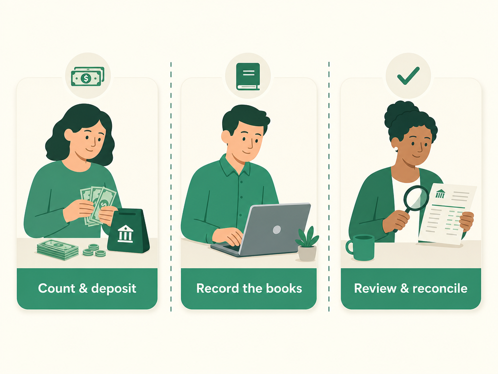 Three different people each hold one job — count and deposit, record the books, and review and reconcile — so no single person controls a church transaction end to end.