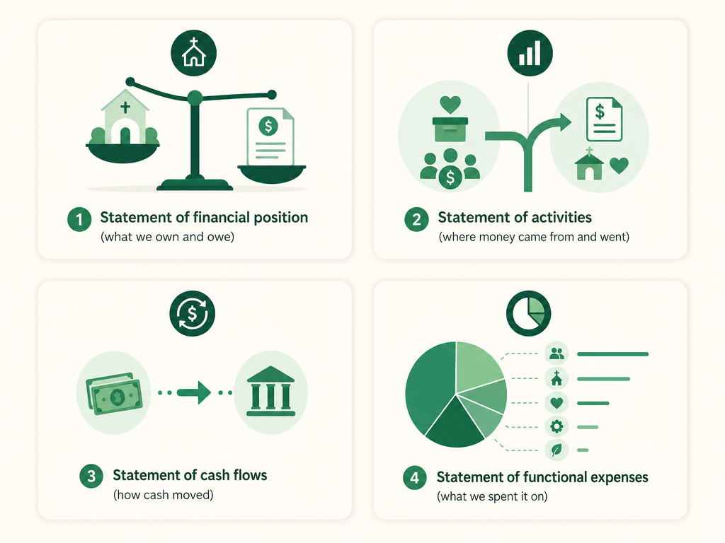 Four church financial statements and what each answers: financial position (what we own and owe), activities (where money came from and went), cash flows (how cash moved), functional expenses (what we spent it on).