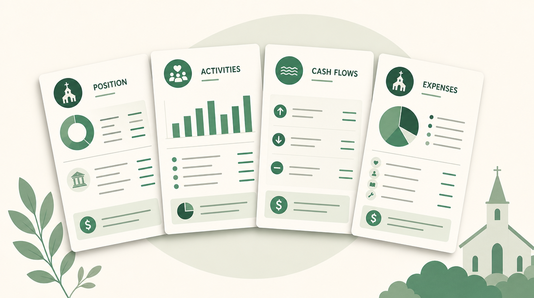 Four church financial statements fanned out — financial position, activities, cash flows, and functional expenses — summarizing a church's money.