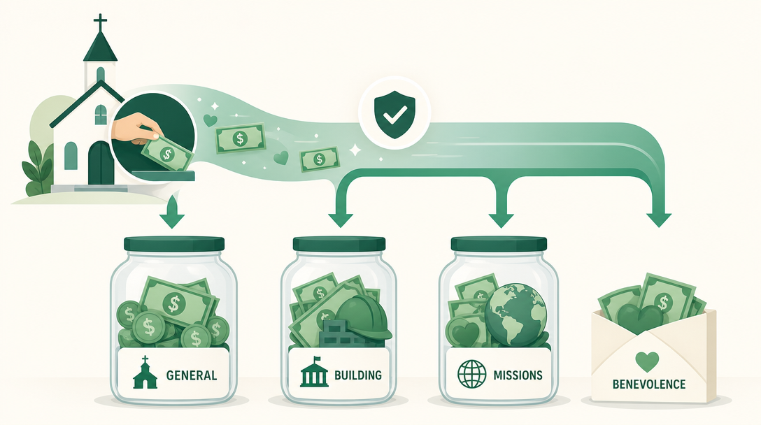 A church's donations flowing into four labeled funds — general, building, missions, and benevolence — showing every dollar tracked to its purpose.