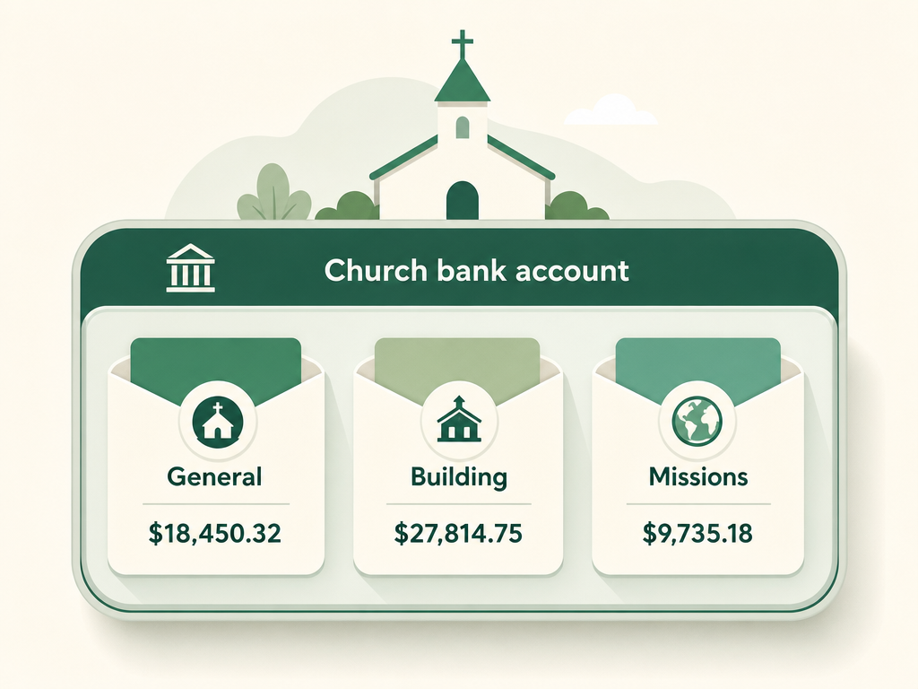 One church bank account containing three labeled fund balances — general, building, and missions — showing funds are tracked inside a single account.