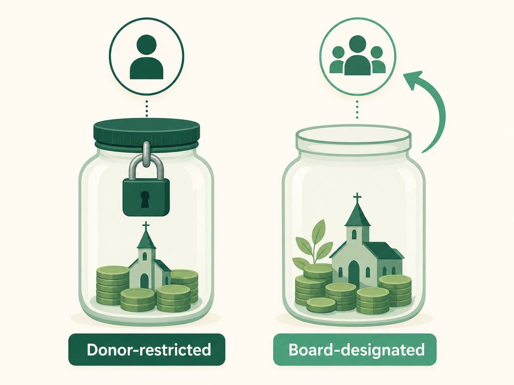 A side-by-side comparison: a locked donor-restricted fund the church must honor, versus an open board-designated fund the church can re-designate.