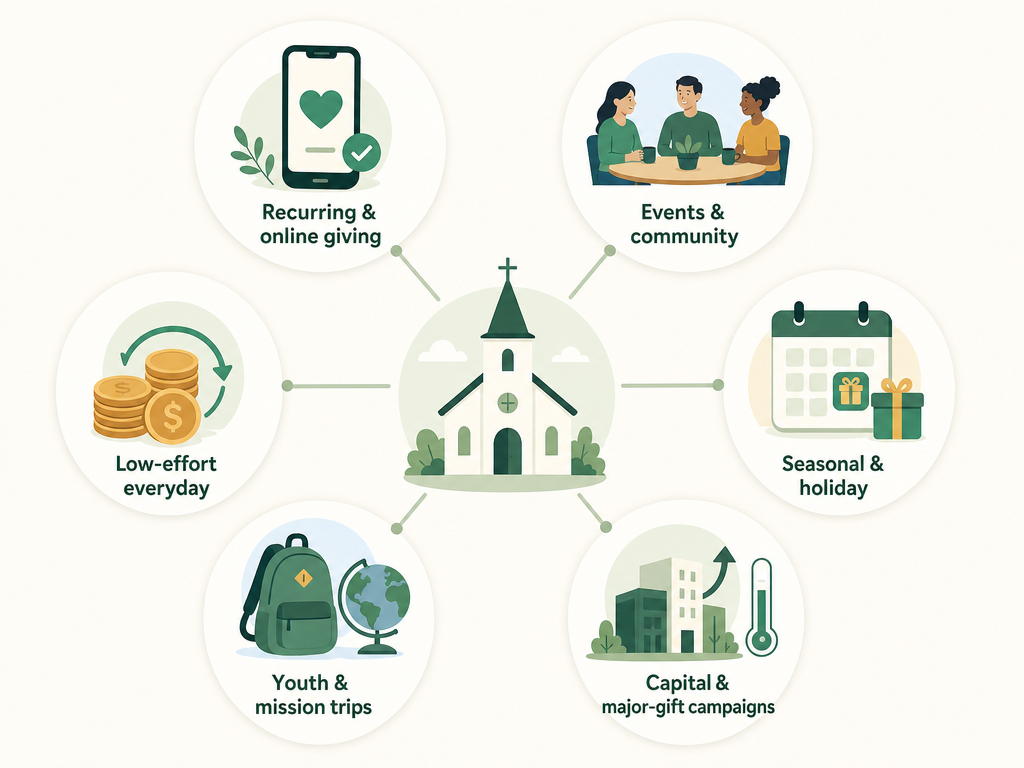 Six categories of church fundraising arranged around a small church: recurring and online giving, events and community, seasonal and holiday, capital and major-gift campaigns, youth and mission trips, and low-effort everyday.