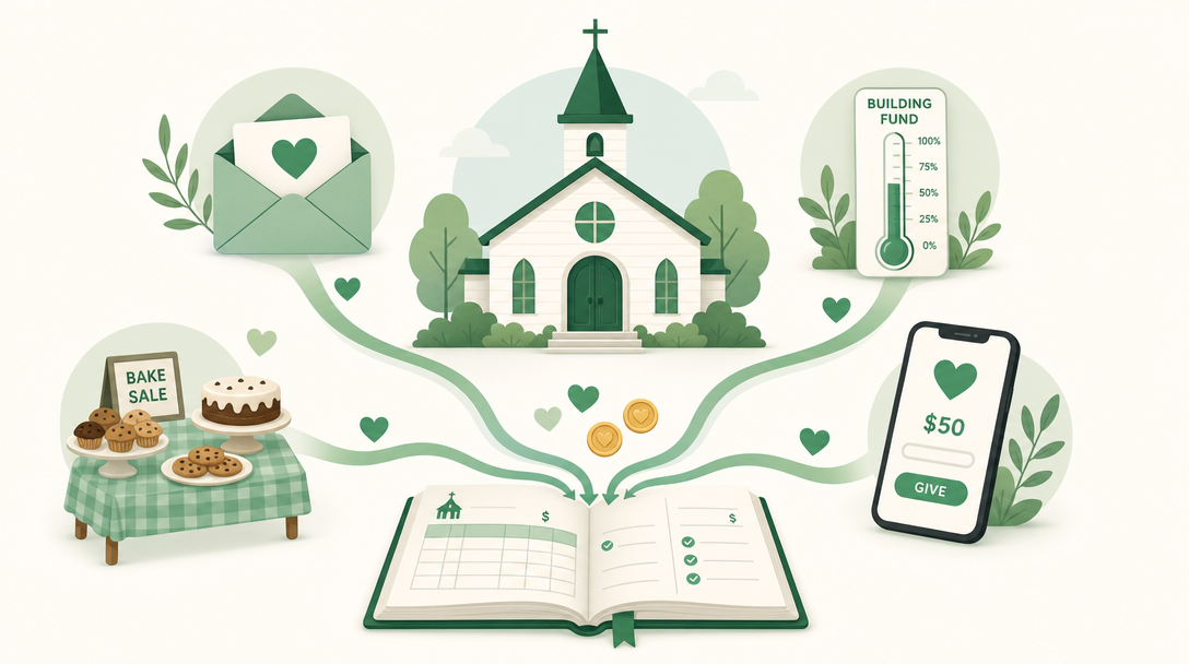 A small church surrounded by the ways it raises money — a giving envelope, a bake-sale table, a building-fund thermometer, and an online giving page — all flowing into one set of books.