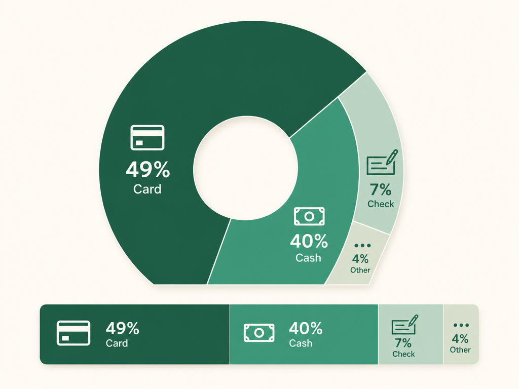 A breakdown of how church gifts arrive: roughly half by card, about 40 percent cash, and the rest check and other methods, by industry data.