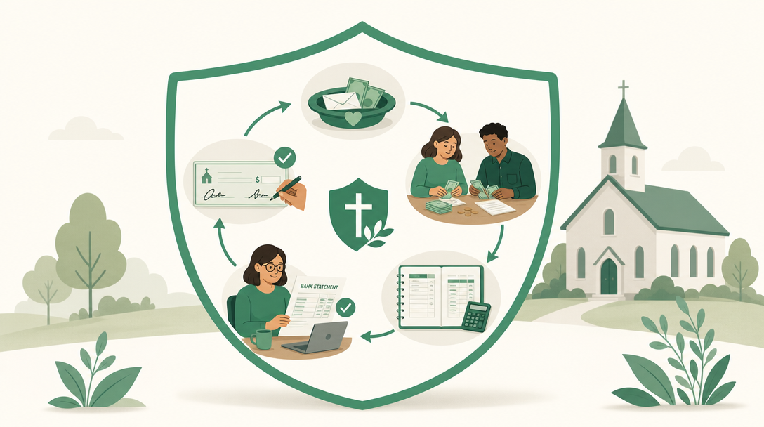 The church internal-controls system — an offering counted by two people, recorded, reconciled, and approved by separate hands, under a shield.