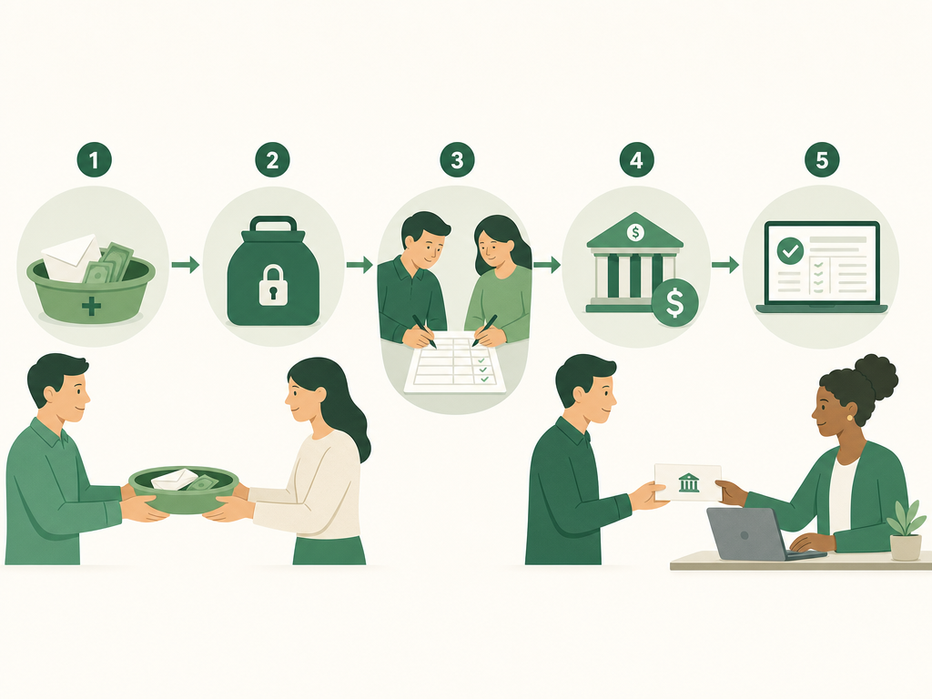 A left-to-right flow: offering plate to locked bag to two counters signing a count sheet to same-day bank deposit to a separate record-keeper, then to an independent monthly reconciliation.