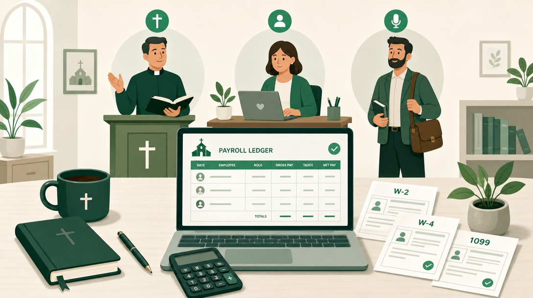 A church treasurer's payroll desk showing a pastor, a staff worker, and a guest speaker, with W-2, W-4, and 1099 forms.