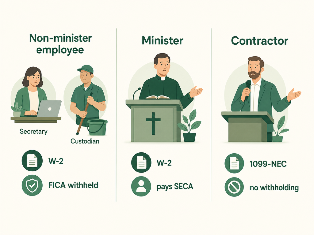A three-column diagram: non-minister employee (W-2, FICA withheld), minister (W-2 but pays SECA), and contractor (1099-NEC, no withholding).
