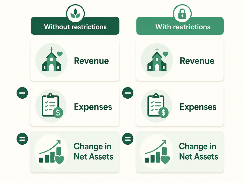 Revenue minus expenses equals the change in net assets, shown in separate columns for without-restriction and with-restriction amounts.