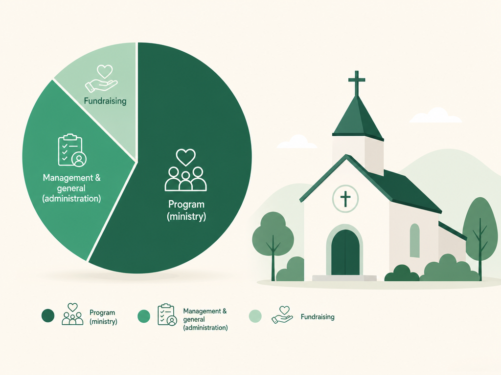 Church expenses grouped by function: program (ministry), management and general (administration), and fundraising.