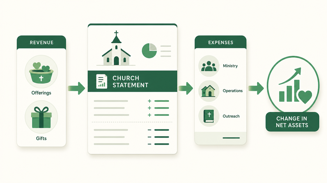 A church statement of activities showing revenue flowing in and functional expenses flowing out to a change in net assets.