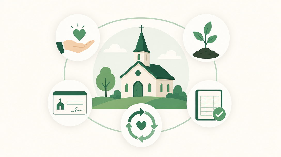 A small church surrounded by symbols of faithful giving as discipleship — an open hand, a growing plant, a pledge card, a recurring-giving loop, and a clear ledger.