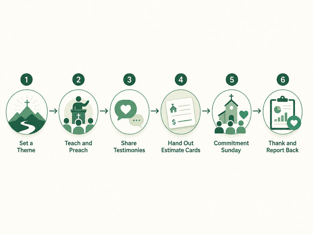 A six-step flow for an annual stewardship campaign: set a theme, teach, share testimonies, hand out estimate-of-giving cards, commitment Sunday, then thank and report back.