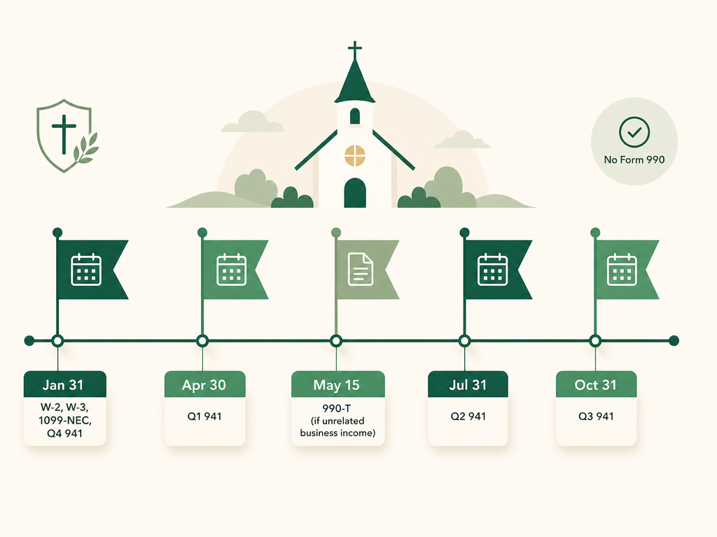 A year-long church filing calendar showing Form 941 due April 30, July 31, October 31, and January 31; W-2, W-3, and 1099-NEC due January 31; and Form 990-T due May 15 for a calendar-year church.