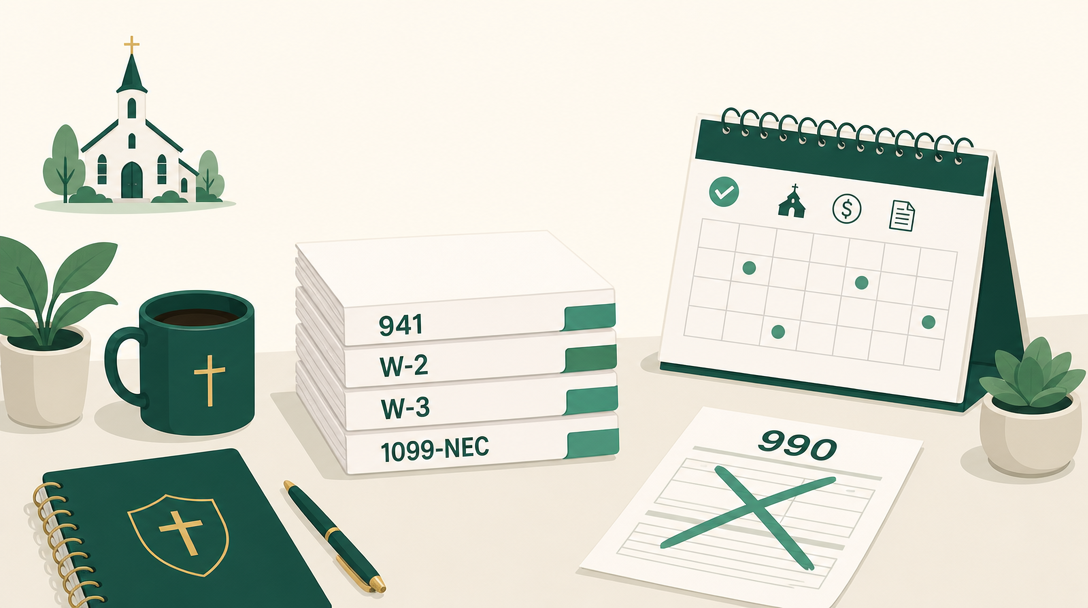 A church treasurer's desk with a short stack of IRS forms — 941, W-2, W-3, 1099-NEC — and a filing calendar, with Form 990 crossed out.