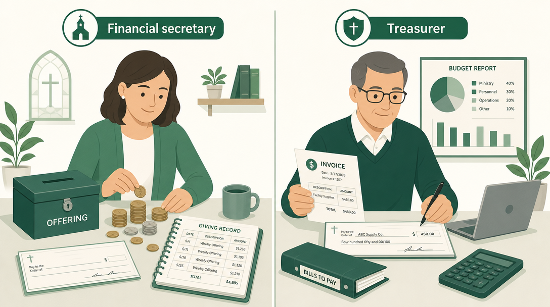 A church financial secretary counting and depositing the offering on one side, and a church treasurer paying bills and reviewing the budget on the other, with a dividing line between them.