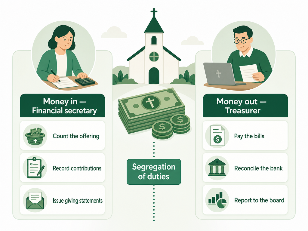 A church's money split into two halves: the financial secretary handles money coming in — counting the offering, recording contributions, issuing giving statements — while the treasurer handles money going out — paying bills, reconciling the bank, reporting to the board, with a segregation-of-duties line between them.