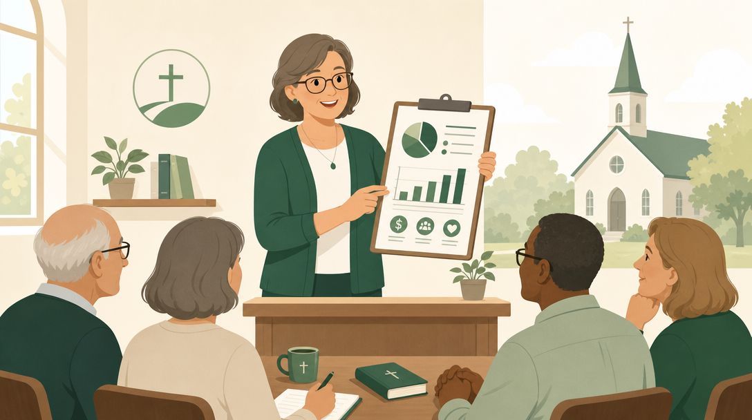 A volunteer church treasurer presenting a one-page financial summary to the church board, a small church in the background.
