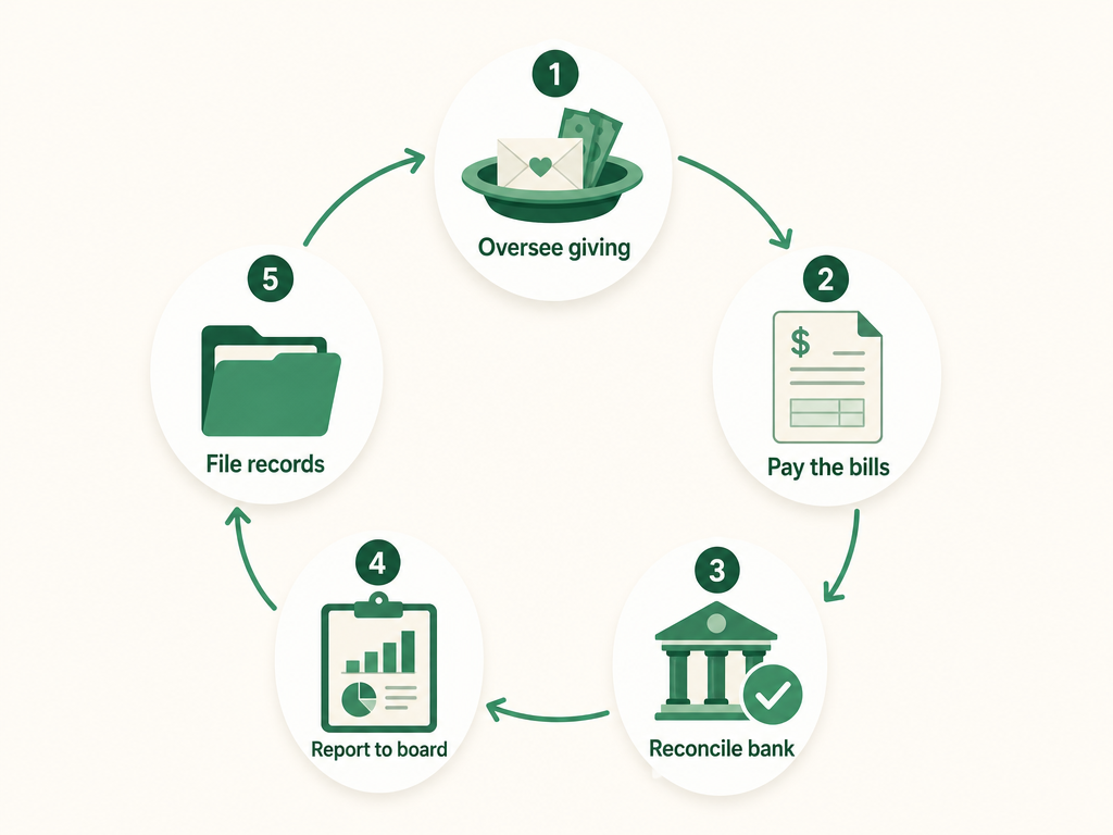 A church treasurer's repeating monthly cycle: oversee giving, pay the bills, reconcile the bank, report to the board, then file records, looping back to the start.