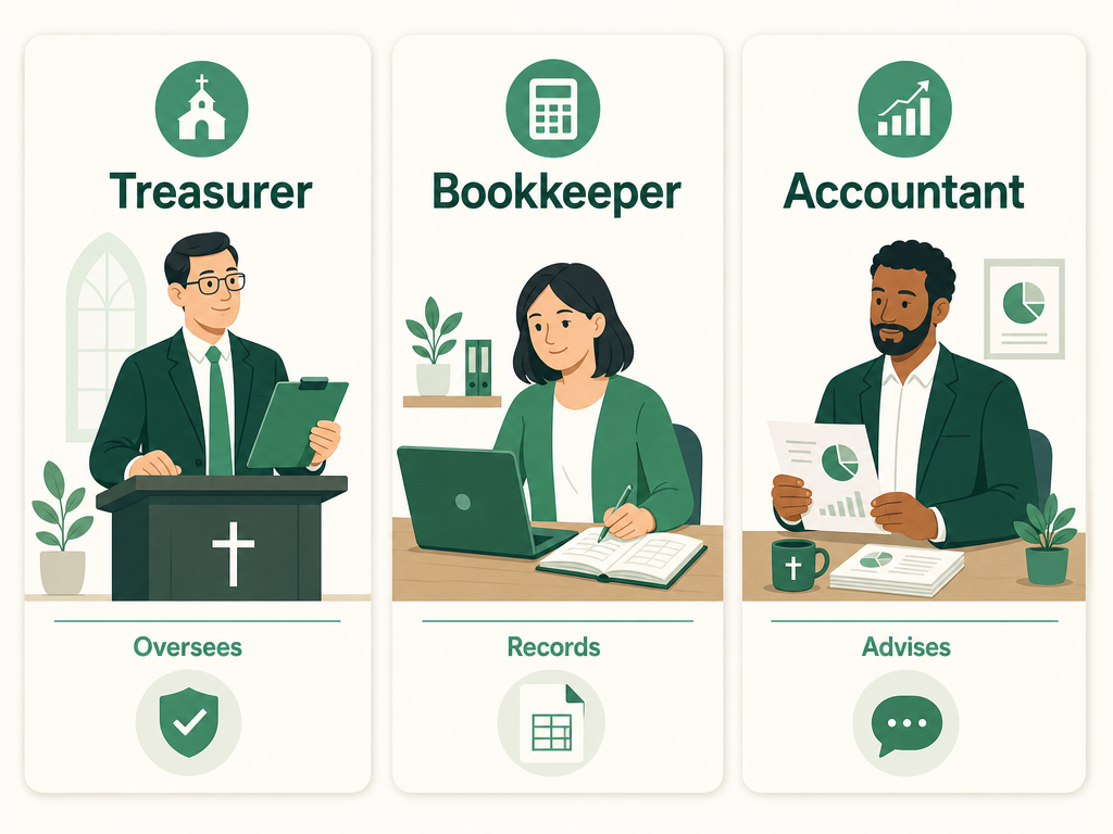 Three church-finance roles side by side: the treasurer oversees, the bookkeeper records, and the accountant advises.