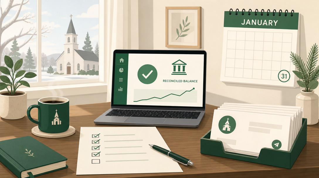 A treasurer's desk in January — a ticked-off year-end checklist, a laptop showing a reconciled balance, and a stack of donor statements ready to send, with a January calendar nearby.