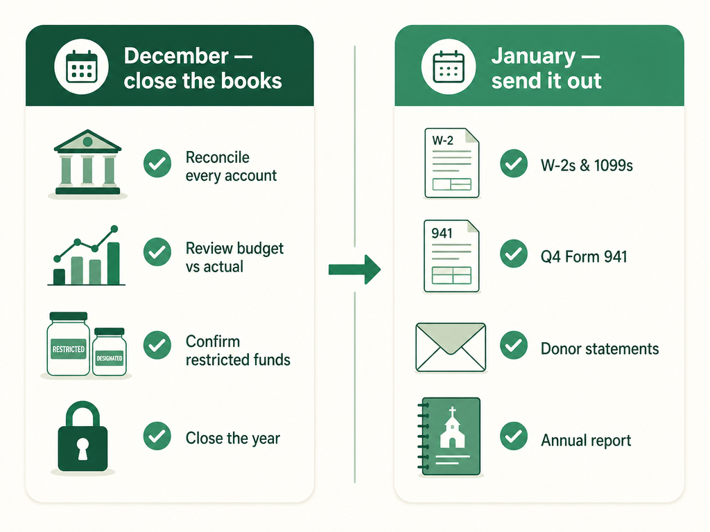 A two-column checklist: the December close (reconcile every account, review budget vs actual, confirm restricted funds, close the year) leading into the January deliverables (W-2s and 1099s, Q4 Form 941, donor statements, annual report).
