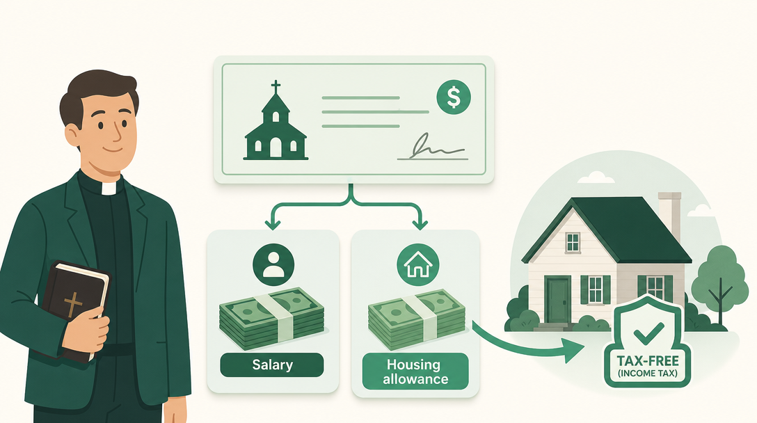 A minister's pay splitting into salary and a tax-free housing allowance used for a home.