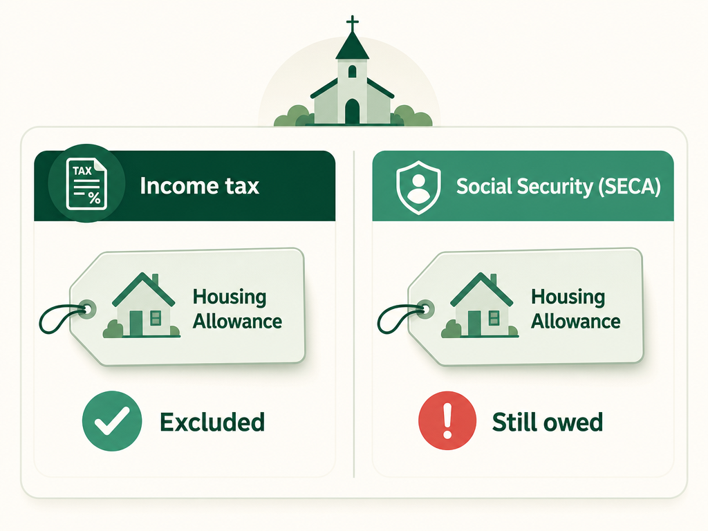The housing allowance shown excluded from income tax but still included for Social Security and Medicare self-employment tax.
