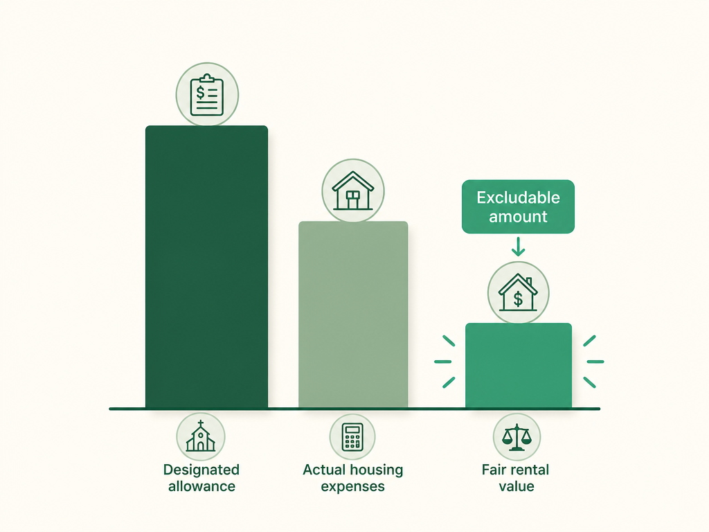 Three stacked amounts — designated allowance, actual housing expenses, and fair rental value — with the smallest one marked as the excludable housing allowance.