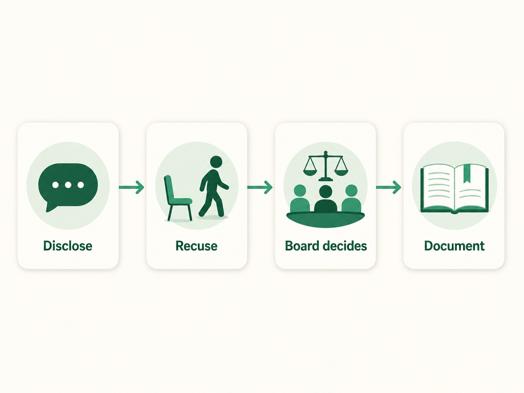 The four-step conflict-of-interest procedure shown as a flow: disclose the interest, recuse from the discussion and vote, the board decides whether the deal is fair, and document it in the minutes.