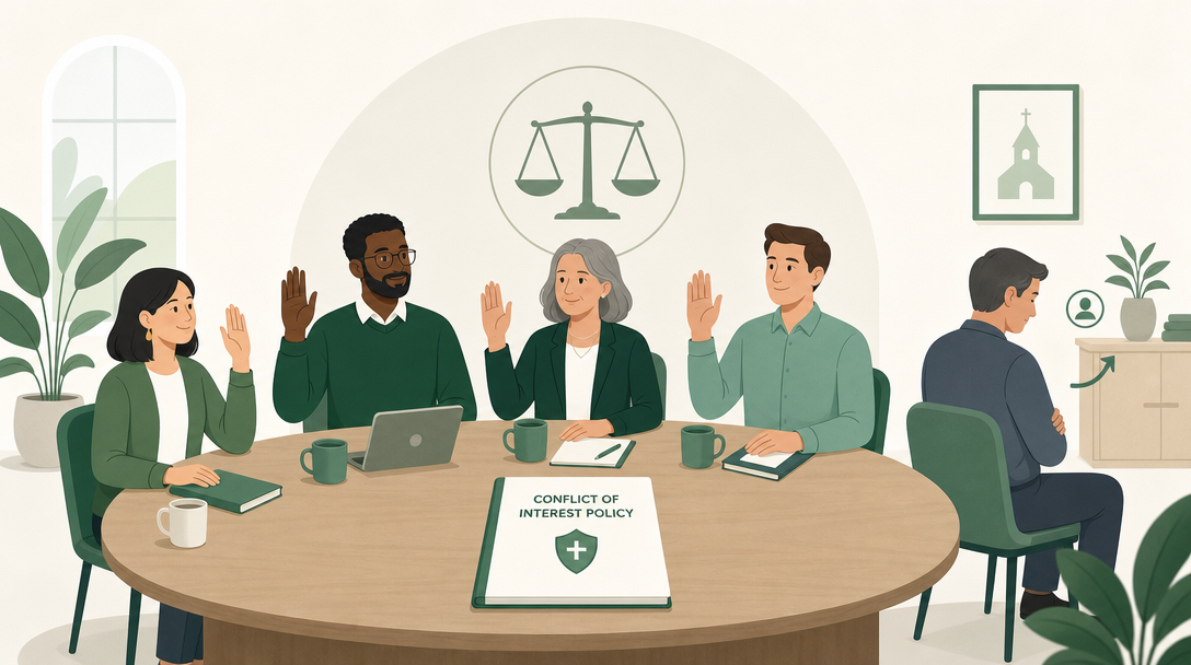 A nonprofit board reviewing a transaction while one interested director recuses, stepping back from the table, with a conflict-of-interest policy document on the table.
