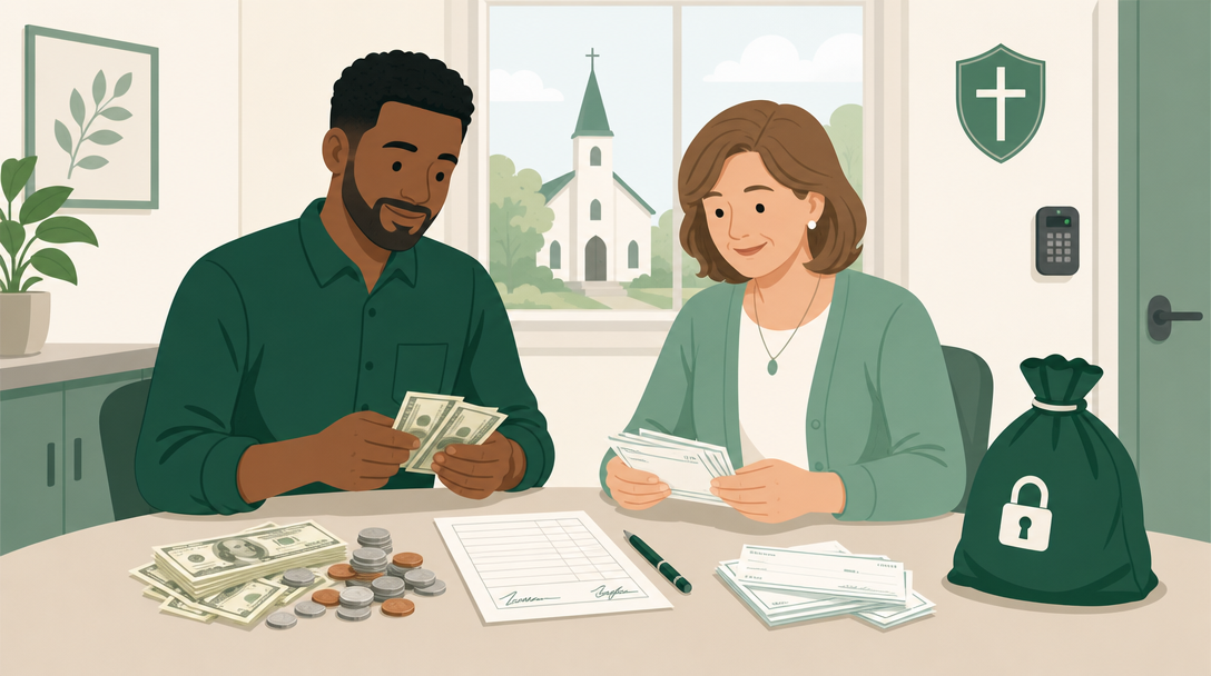 Two counters at a table counting the Sunday offering — loose cash and checks in separate piles beside a signed count sheet, in a secured room.