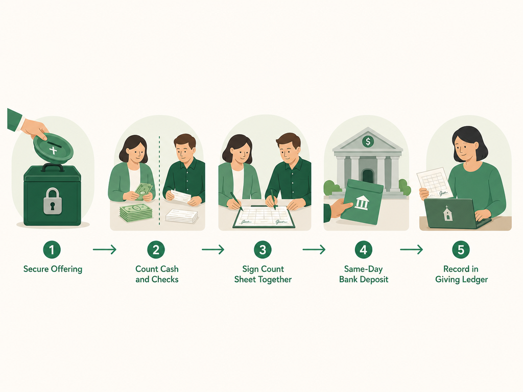 A left-to-right workflow: secure the plate in a locked bag, two counters count cash and checks separately, both sign the count sheet, deposit same day, then hand the signed sheet to a separate record-keeper.
