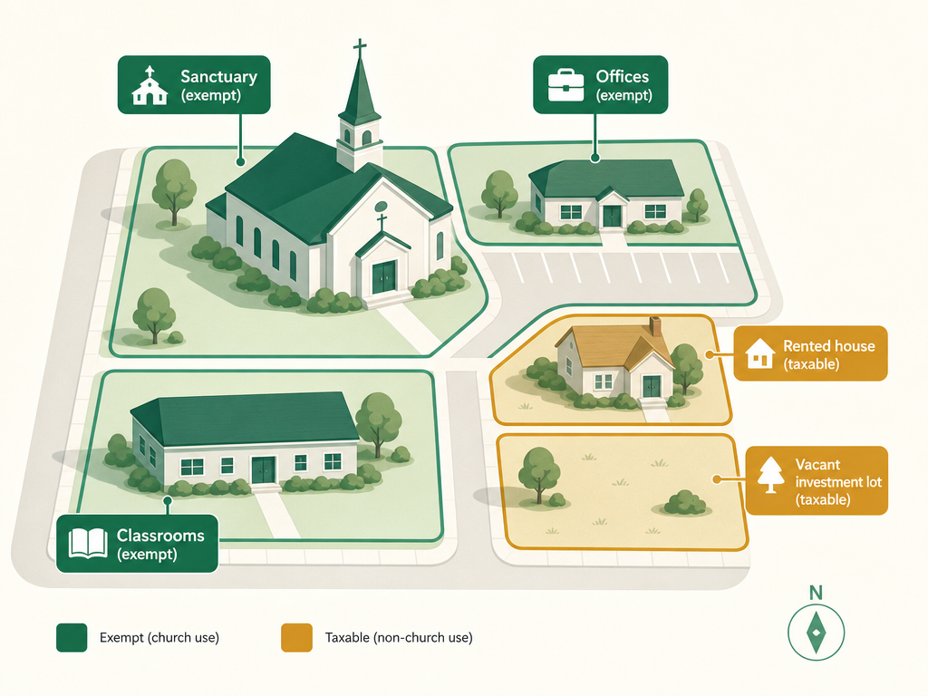 A church lot: the sanctuary and offices marked exempt from property tax, a rented house and vacant investment lot marked taxable.