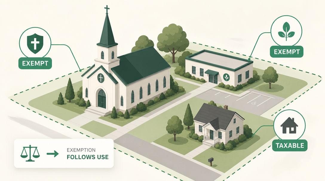 A church campus where the sanctuary and offices are exempt from property tax while a rented house on the lot is taxable.