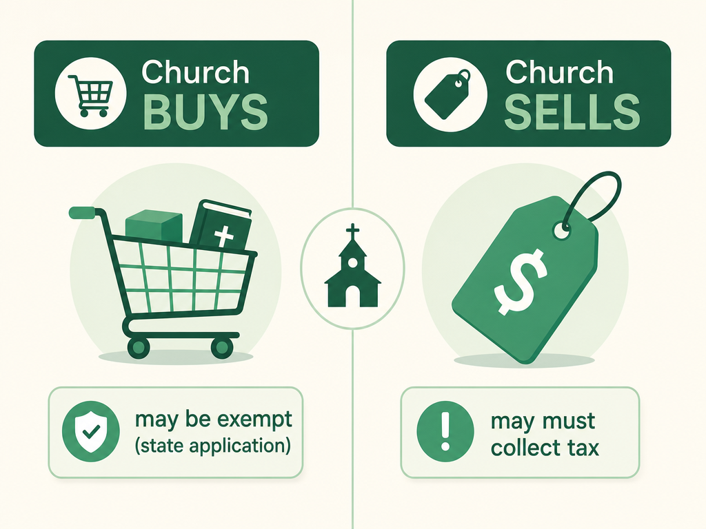 Two columns: a church buying may be exempt from sales tax via a state application, while a church selling may have to collect sales tax.