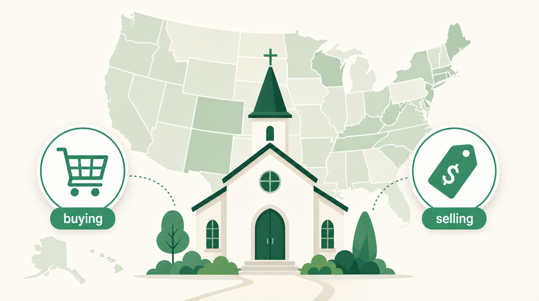 A church on a US map, with a 'buying' cart on one side and a 'selling' price tag on the other, showing sales tax depends on the state.