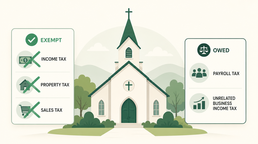 A church building with some taxes crossed out (income, property, sales) and some still owed (payroll, unrelated business income).