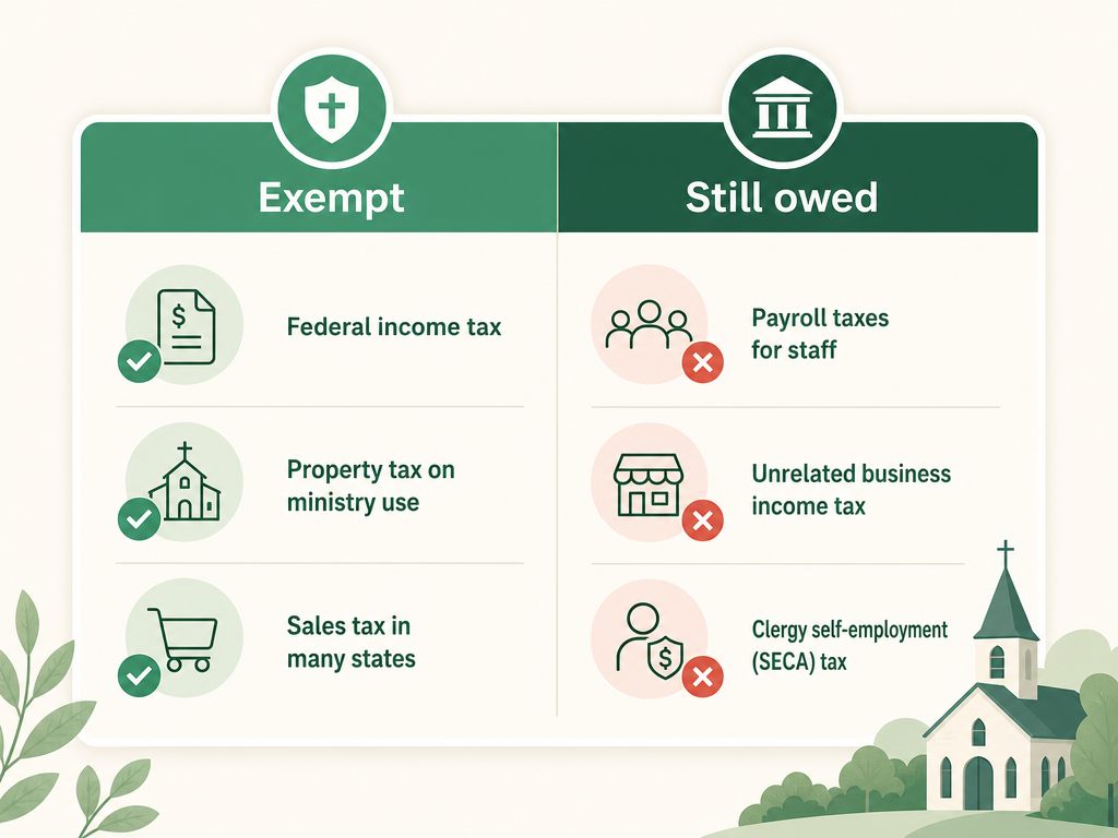A church's taxes split into exempt (federal income, property, sales) and still owed (payroll taxes for staff, unrelated business income tax, clergy self-employment tax).