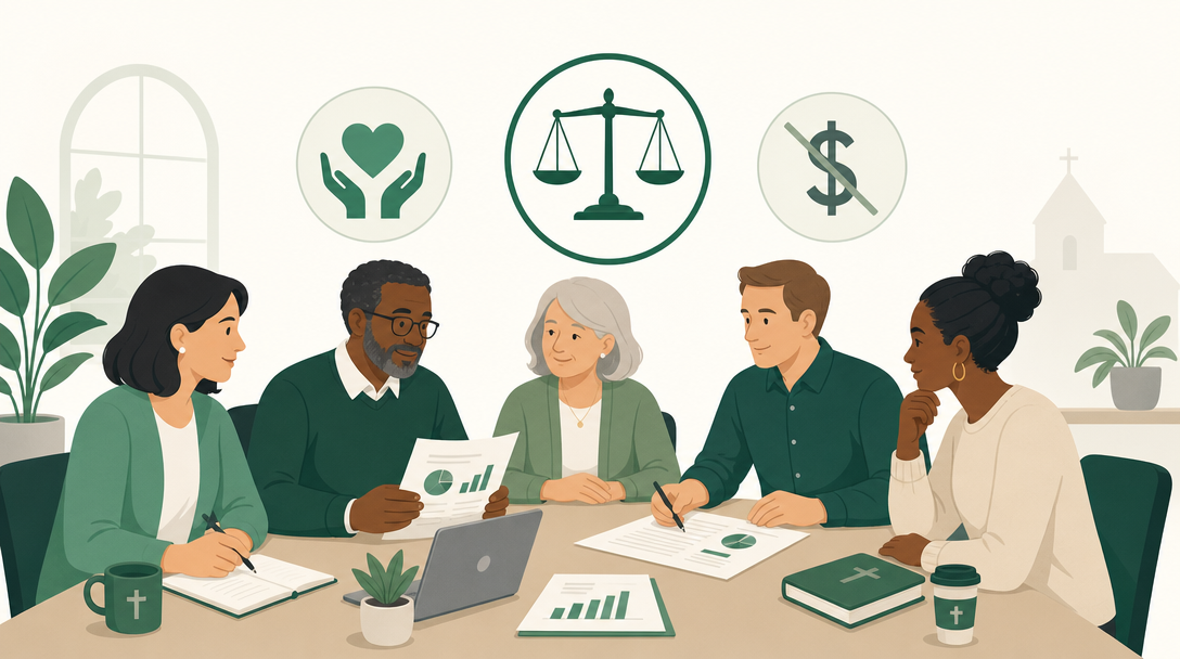 A nonprofit board seated around a table governing the organization as unpaid volunteers, with a balanced-scales fiduciary icon and a crossed-out dollar sign nearby.