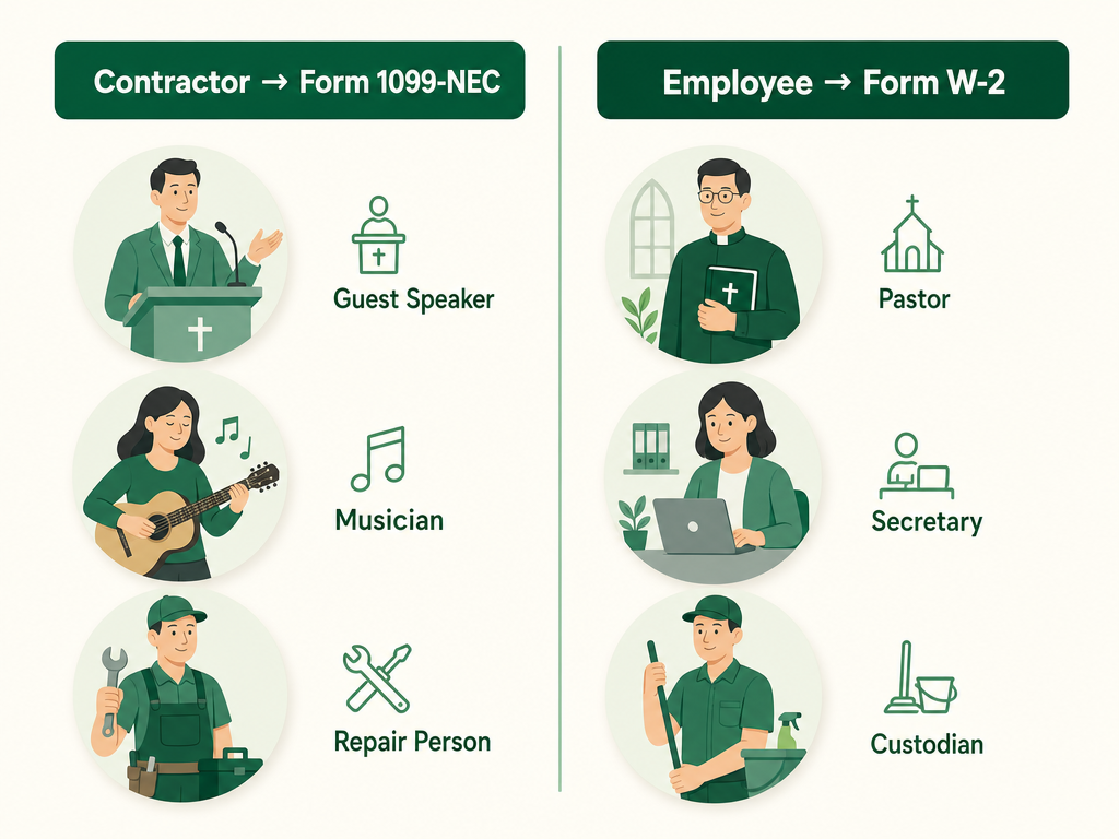 A two-column comparison: contractors (guest speaker, musician, repair person) get a Form 1099-NEC, while employees (pastor, secretary, custodian) get a Form W-2.