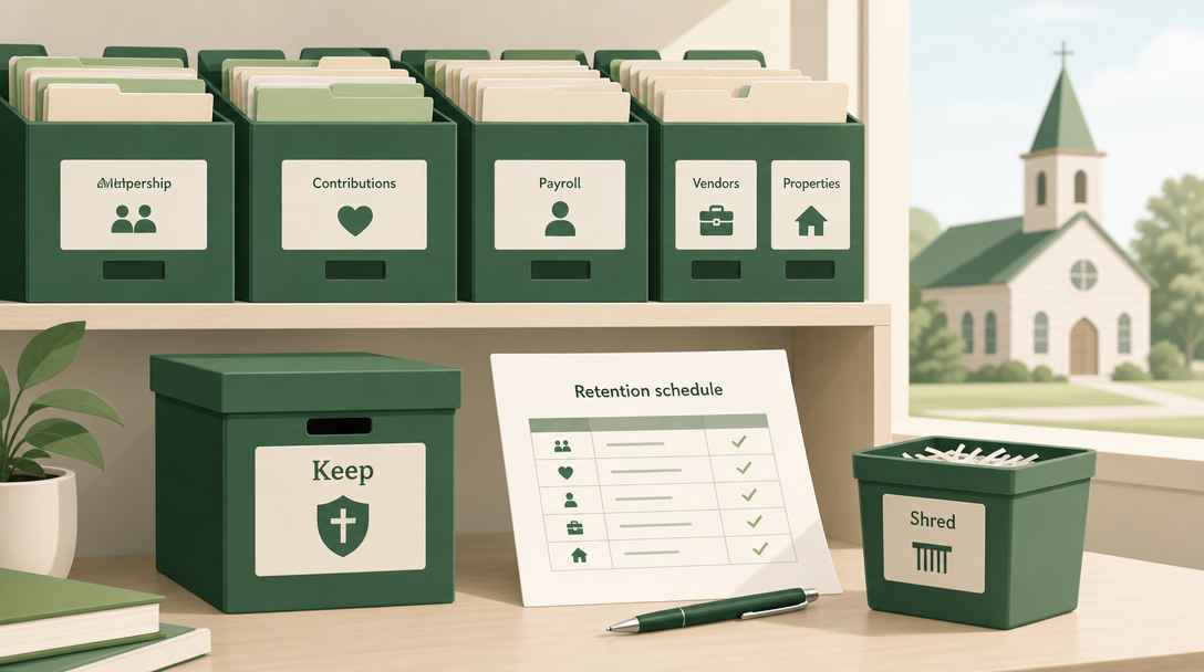 A nonprofit's records ready for its retention policy — labeled file boxes for keeping and a bin for shredding, with a retention schedule sheet and a small church in the background.