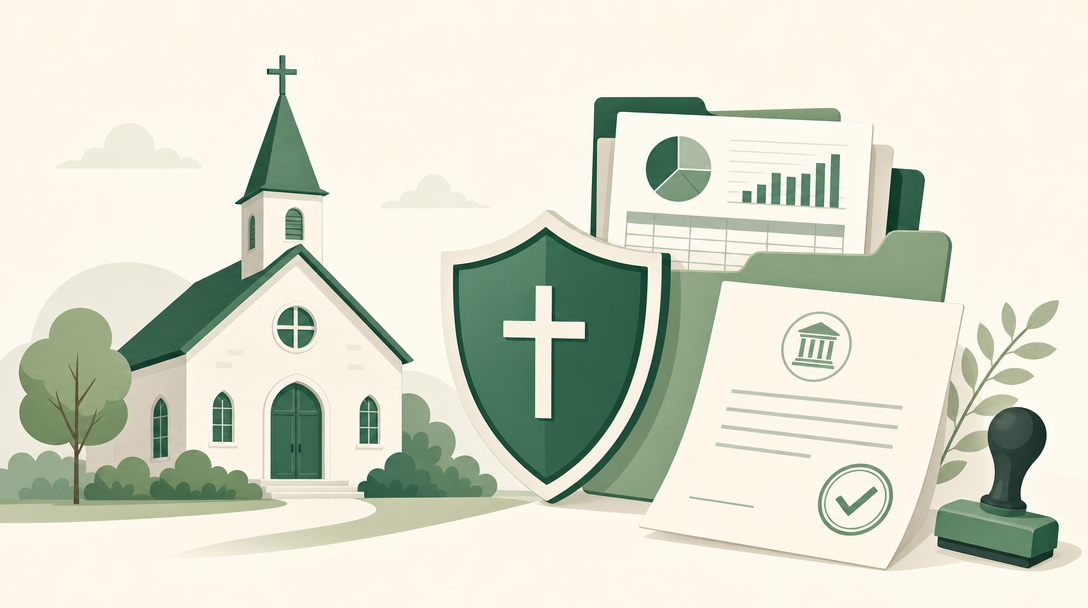 A small church protected by a shield over its financial records and an official letter, showing the special legal protections that limit how the IRS can audit a church.