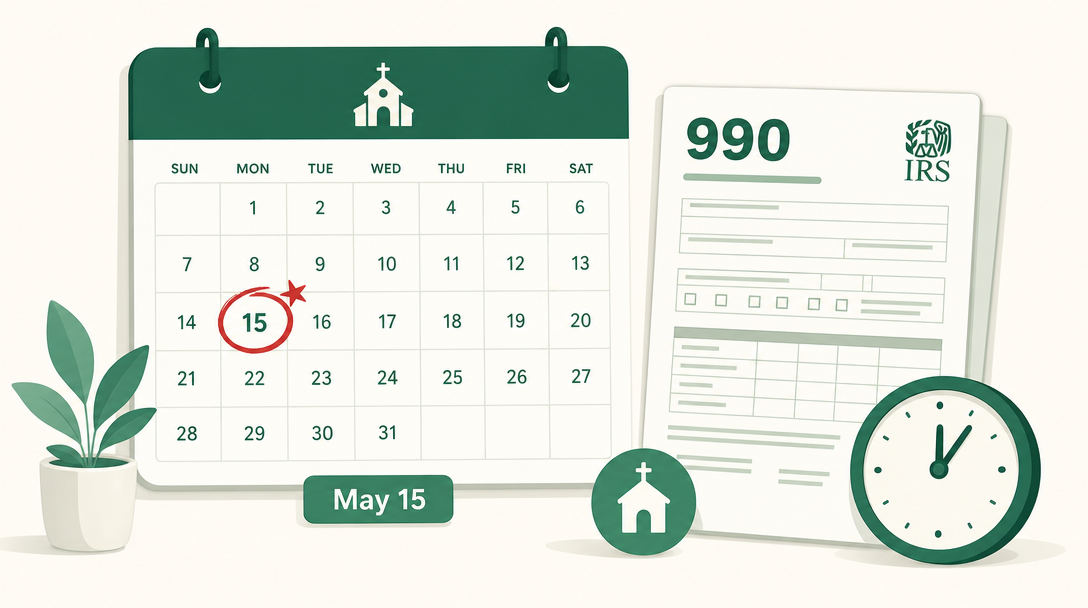 A calendar marking the Form 990 due date — the 15th day of the 5th month after a nonprofit's fiscal year ends — with May 15 circled for calendar-year filers.
