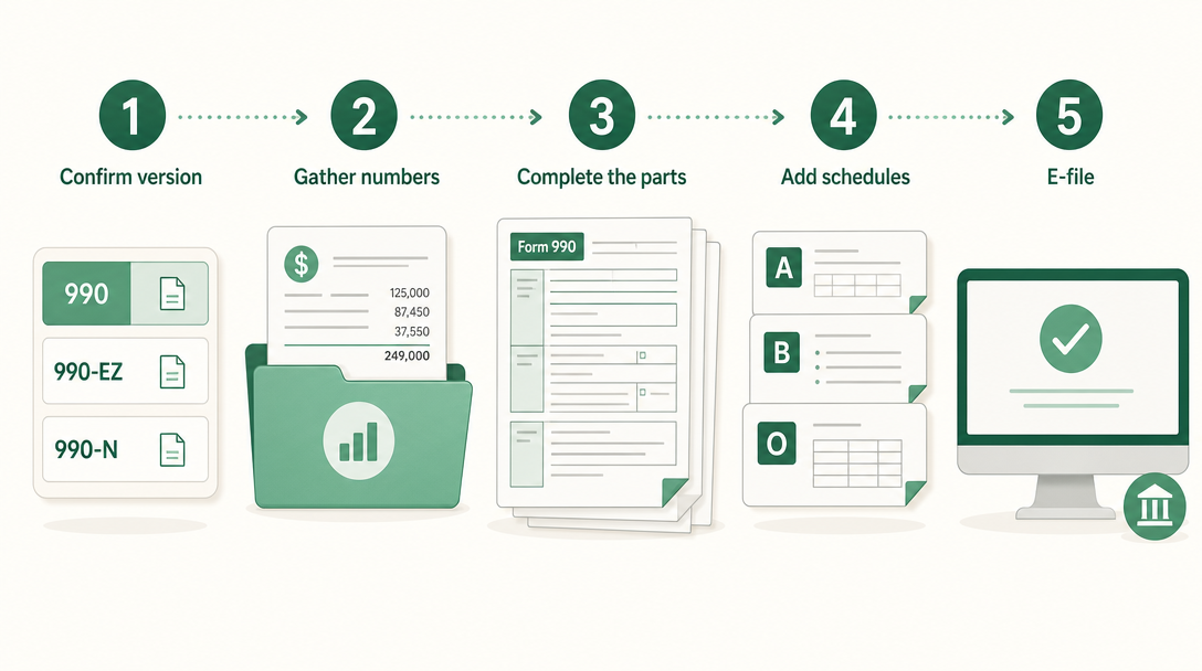 A step-by-step path to filing IRS Form 990: confirm the version, gather the numbers, complete the parts and schedules, then e-file by the deadline.