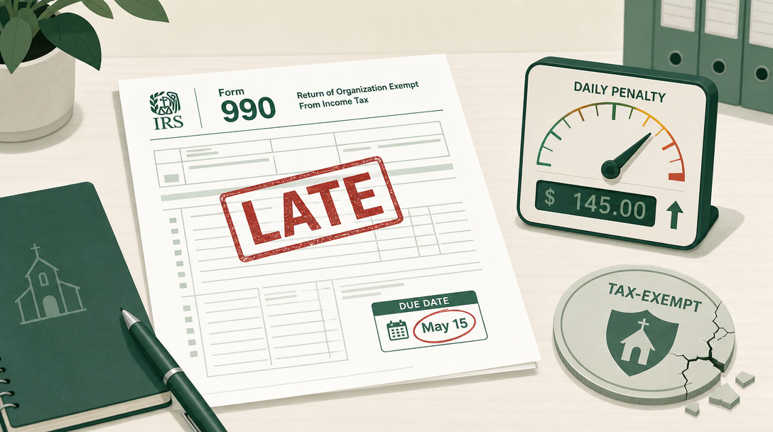 A late Form 990 stamped past its deadline, with a daily penalty meter climbing and tax-exempt status at risk after three missed years.