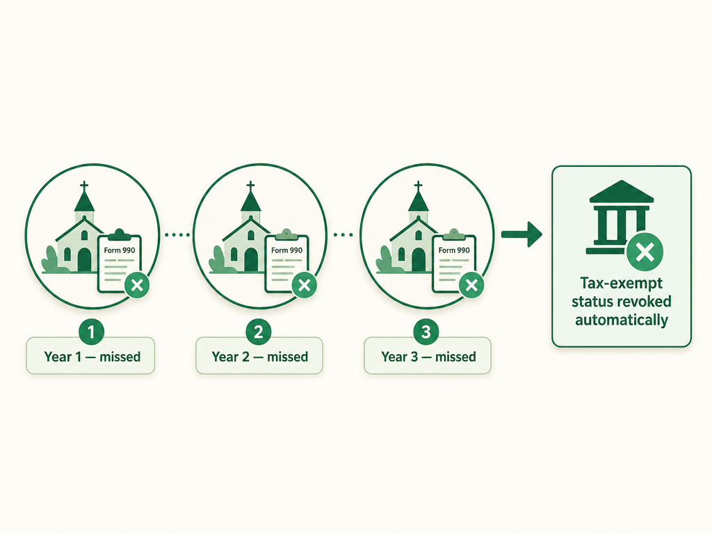 A three-year timeline showing a nonprofit missing its Form 990 filing in year one, year two, and year three, ending in automatic loss of tax-exempt status.